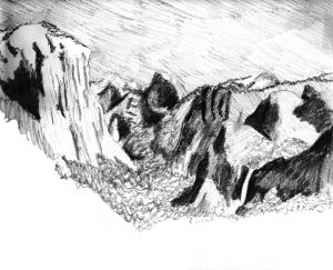 Charcoal drawing of Yosemite Valley in the National Park