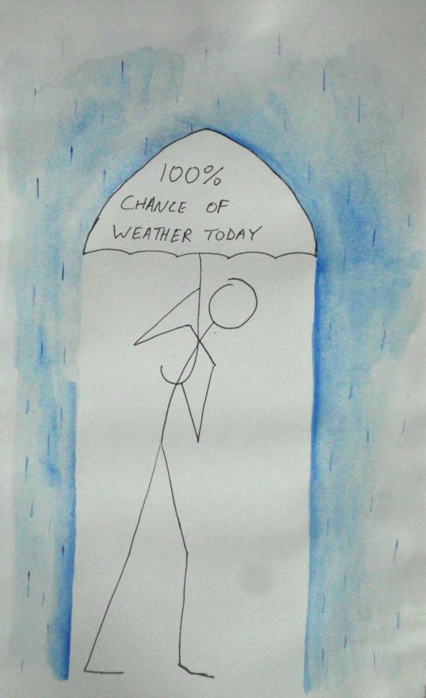 Ink & Watercolor painting of a stick figure walking through the rain carrying an umbrella that says "100% chance of weather today"