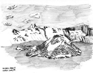 Charcoal drawing of Wizard Island in Crater Lake National Park