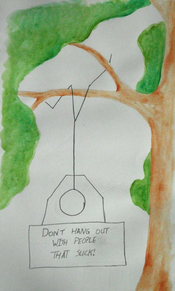 Ink and watercolor stick figure hanging from tree branch holding sign saying "Don't hang out with people that suck!"